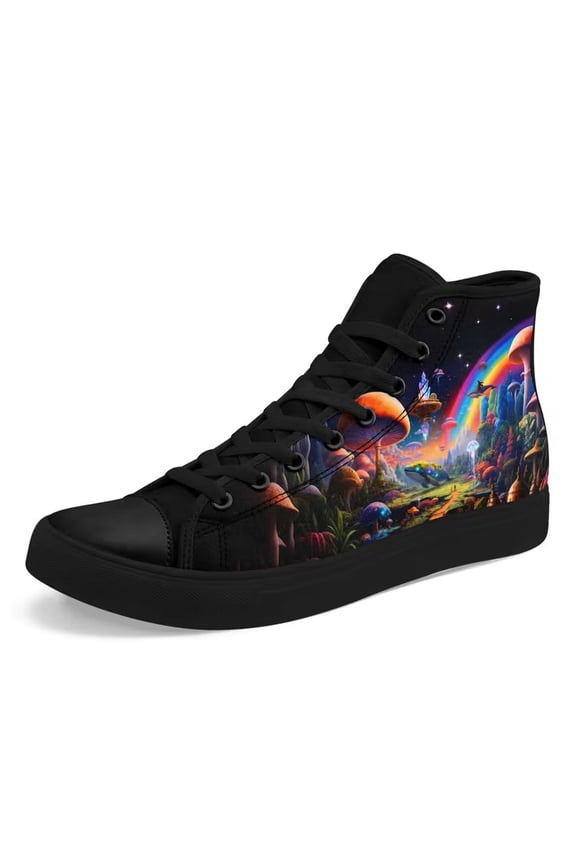 Black High-top Shoes for Men Women, Rainbow Mushroom Fantasy Artistic Design Sneaker, Fashion Canvas Shoe, Trendy Casual Street Footwear