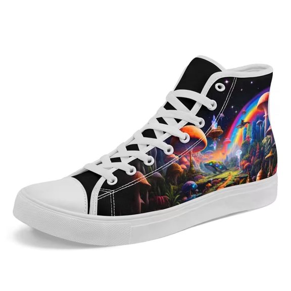 Coolcustomize Black High-top Shoes for Men Women, Rainbow Mushroom Fantasy Artistic Design Sneaker, Fashion Canvas Shoe, Trendy Casual Street Footwear