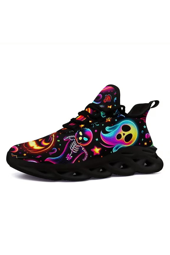 Black Men & Women Sneakers Wide Width - Skeletons, Ghosts and Pumpkins Personalized Design Running Shoes, Lightweight Casual Sport Shoes