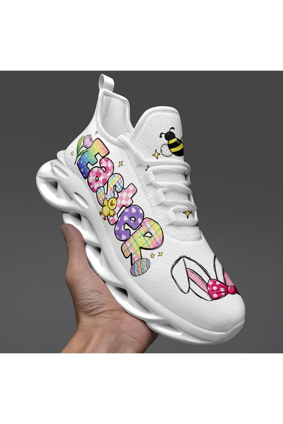 Black-White Easter Bunny & Egg Running Sneakers for Women, Wide Fit Walking Shoes, Casual Footwear, Low Top, Fabric Upper & Insole, Cushioned Sole, Lace-up Wide Width Tennis Shoes