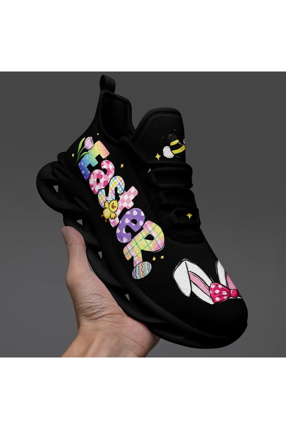 Black-White Easter Bunny & Egg Running Sneakers for Women, Wide Fit Walking Shoes, Casual Footwear, Low Top, Fabric Upper & Insole, Cushioned Sole, Lace-up Wide Width Tennis Shoes