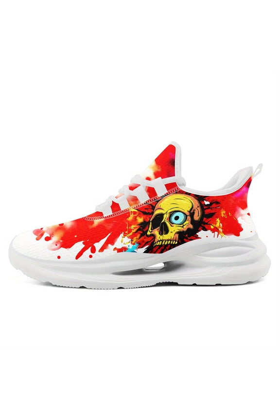 Casual Gothic Red Sneakers for Women, Featuring a Yellow Skull Design, Stylish Athletic Shoes with Midsole Suspension Tech, Lightweight Low Top Running Shoe, Fashion Streetwear Footwear
