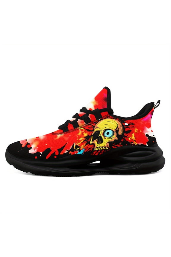 Casual Gothic Red Sneakers for Women, Featuring a Yellow Skull Design, Stylish Athletic Shoes with Midsole Suspension Tech, Lightweight Low Top Running Shoe, Fashion Streetwear Footwear