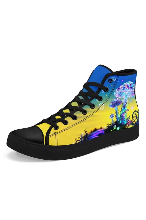 Casual High Top Canvas Shoes for Men Women Wide, Sky Blue Yellow Fantasy Mushroom Design Print Hitop Lace Up Skateboard Shoes Size 5 6 7
