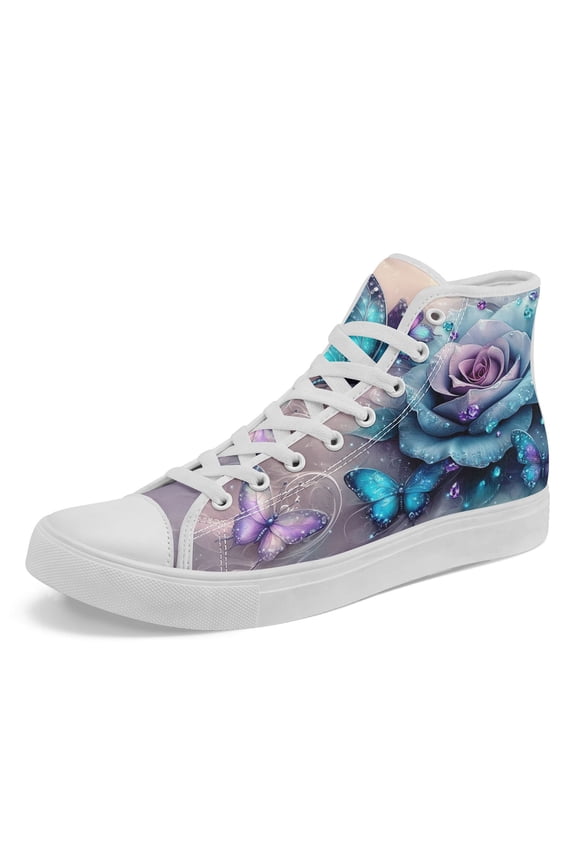 Casual High-Top Sneakers for Women Size size 5 5.5 6.5 7 8 8.5 9.5 10 10.5 11.5 12.5 Wide Width, Fashion Trendy Hi top Canvas Shoes in Gray/Blue/Purple with Rose and Butterfly Design,