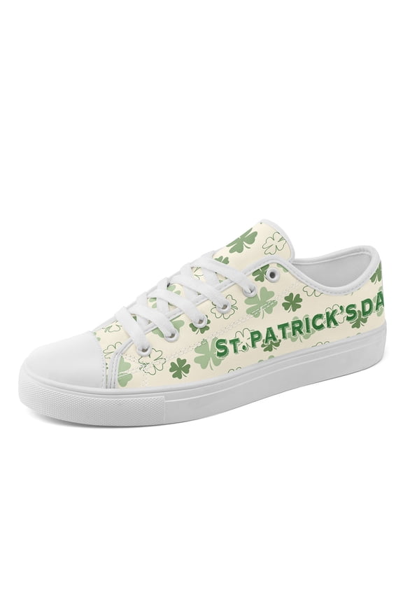 Casual Shoes for Women in Plus Size Featuring a Playful Clover Print (Green/Beige) for St. Patrick'S Day, Sneakers Designed for Low Top Round Toe Lightweight Wear, Lady's Canvas Shoes