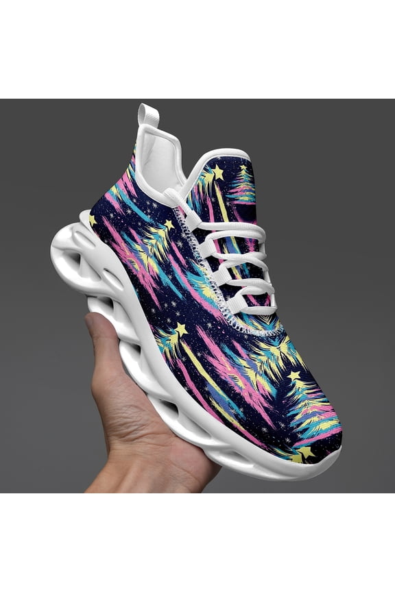 Chunky Low-Top Christmas Tree Sneakers for Women, Lace-Up Round Toe Trainers, Lightweight Breathable Fabric Upper Cushioned Sole Tennis Shoes, Suitable for Daily, Travel, Holiday Gifts