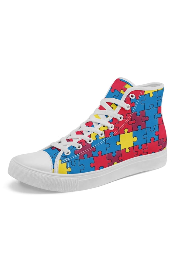 Colorful Puzzle Piece-Themed High-Top Canvas Shoes for Men Size 11 12 13 14 15 Wide Width, Stylish & Comfortable Footwear, Hi-top Walking Shoes Fashion Trendy Sneakers for Casual Attire