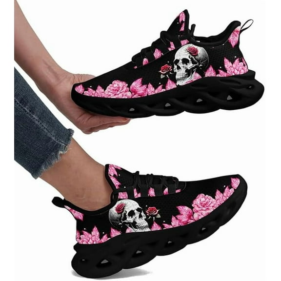 Coolcustomize Custom Skull Running Shoes for Women Men Valentine's Flower Lightweight Cushion Sports Walking Shoes Training Tennis Shoes