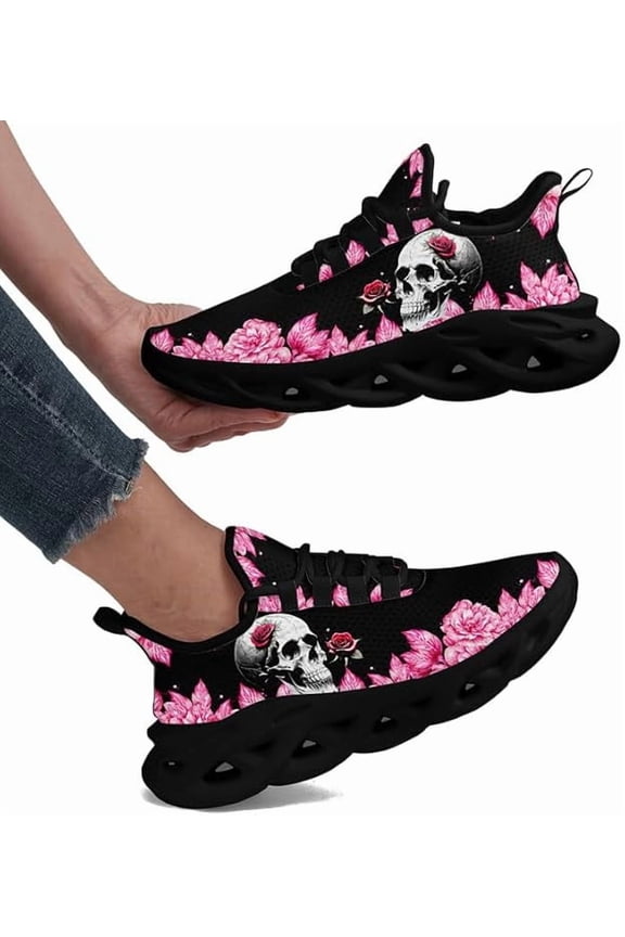 Custom Skull Running Shoes for Women Men Valentine's Flower Lightweight Cushion Sports Walking Shoes Training Tennis Shoes