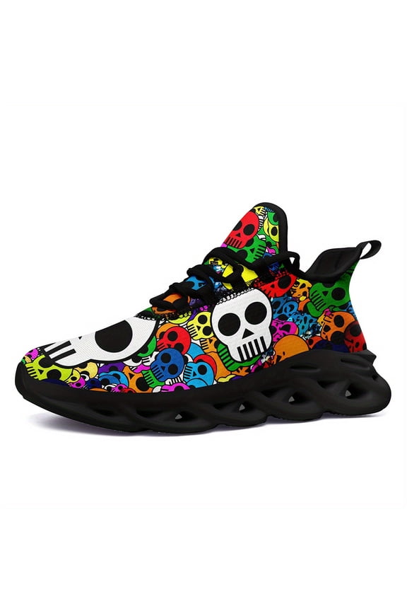 Edgy Colorful Skull & Crossbones Sneakers for Women, Low-Top Lace-Up Round Toe Trainers with Cushioned Sole for Streetwear, Running, Travel Casual Shoes (Skull Design Color Options)