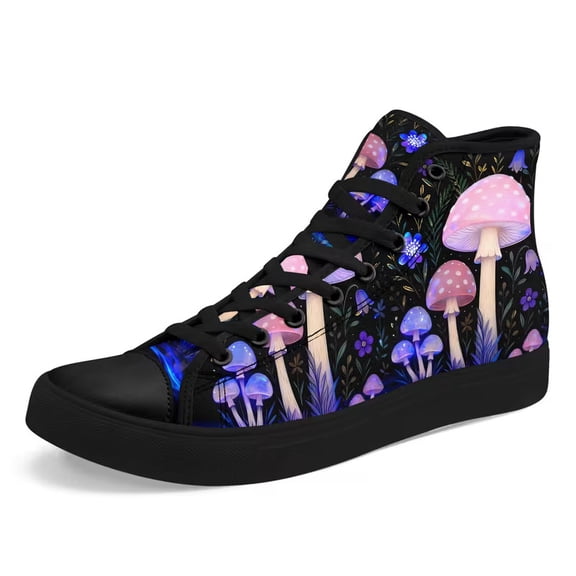 Coolcustomize Colorful High-Top Sneakers for Men Women Wide Width, Artistic Design of a Rainbow Mushroom Fantasy, Trendy Casual Street Canvas Shoes