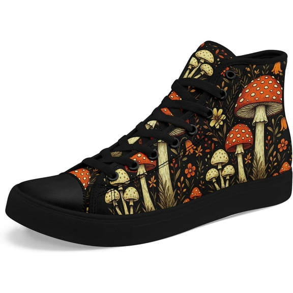 Coolcustomize Fashion High Top Sneakers Wide Width for Men Women, Black Hi-top Mushroom Casual Canvas Shoes Size 5 6 8 9 1/2 10 11 12 13 14 15 Trendy Comfortable Skateboard Shoes on Sale for Outdoor
