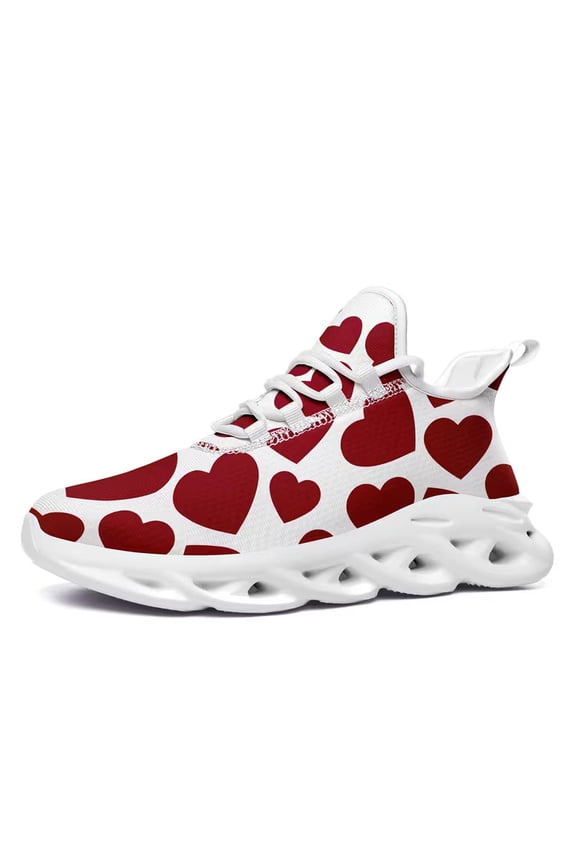 Fashion White Sport Shoes for Men Women Wide, Red Burgundy Heart Design Sneakers, Couple Shoes Size 5 1/2 6 1/2 7 8 1/2 9 10 11 12 13 14