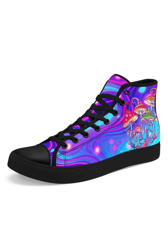 Gothic Punk Neon Blue & Purple Mushroom Graphic High-Top Casual Canvas Shoes for Men Women, Swirl Mushroom Artwork Design Print, Lace-Up Hi-top Skateboard Shoes for Daily Wear/Event