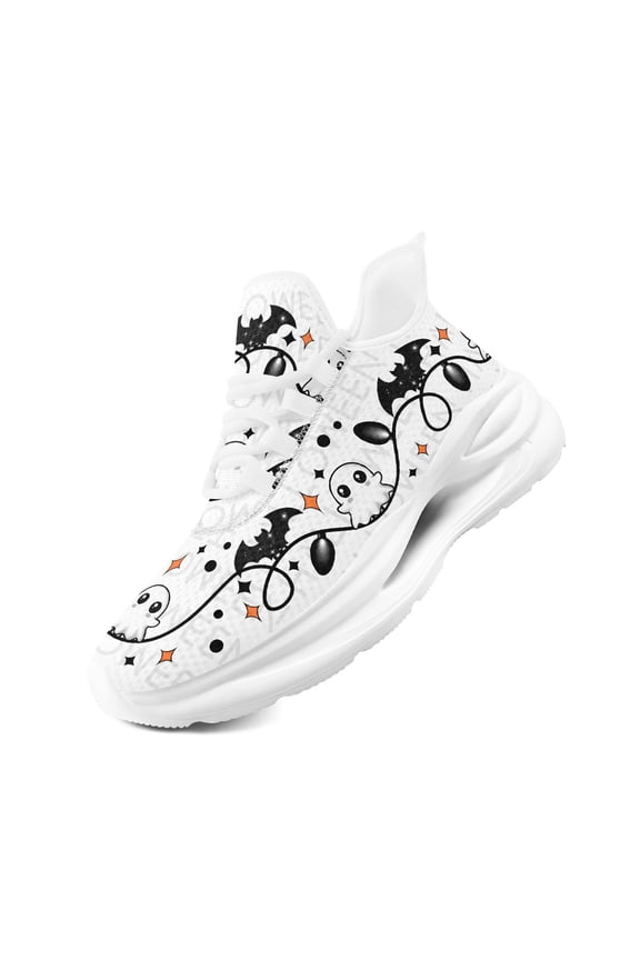 Halloween Black Ghost Bat White Sneakers for Women, Eerie Design Athletic Casual Footwear Featuring Midsole Suspension Tech, Low-top Tennis Shoes, Ideal for Halloween Gathering, Cosplay