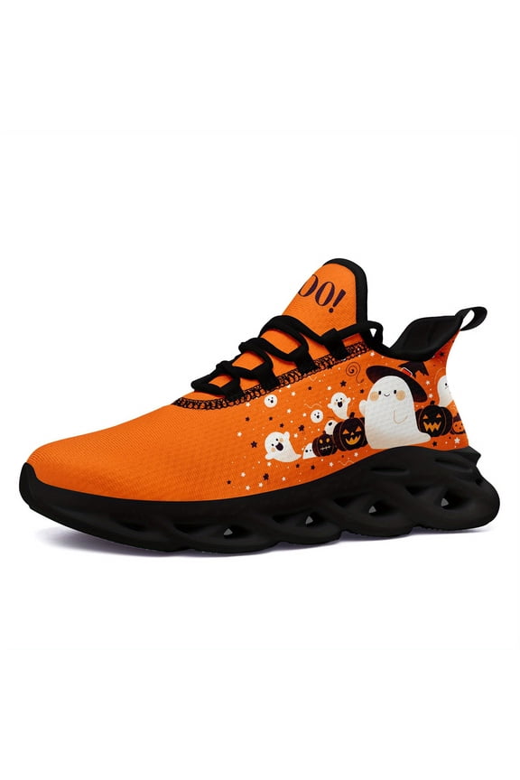 Halloween Women's Casual Sneakers, Cute Orange Ghost And Pumpkin Design, Perfect For Tricks Or As A Gift, Unique Trainers, Stylish Street Sneakers With Laces, Fashionable Casual Shoes