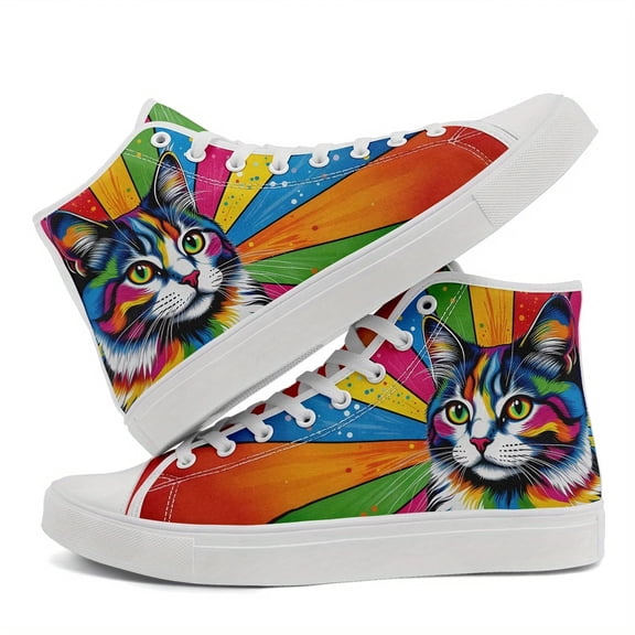 Coolcustomize High-Top Canvas Shoes Wide for Men Women, Colorful Cat Design Casual Sneakers Size 5 5.5 6 6.5 7 8 8.5 9 9.5 10 11 11.5 12 13 14 15 15.5