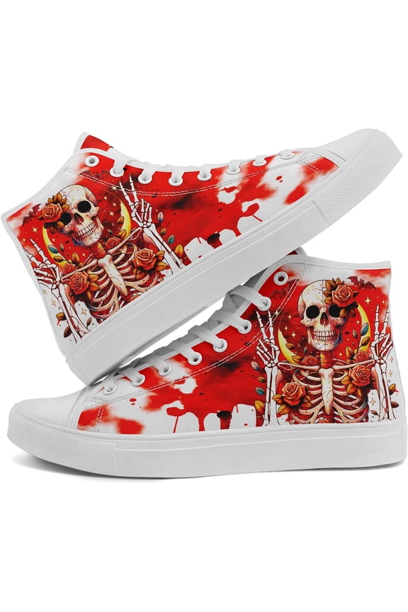High Top Canvas Sneakers with Skull Floral, Lightweight Casual Walking Goth Shoes for Streetwear Skate Travel