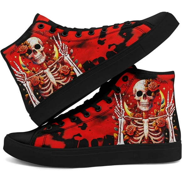 High Top Canvas Sneakers with Skull Floral, Lightweight Casual Walking Goth Shoes for Streetwear Skate Travel