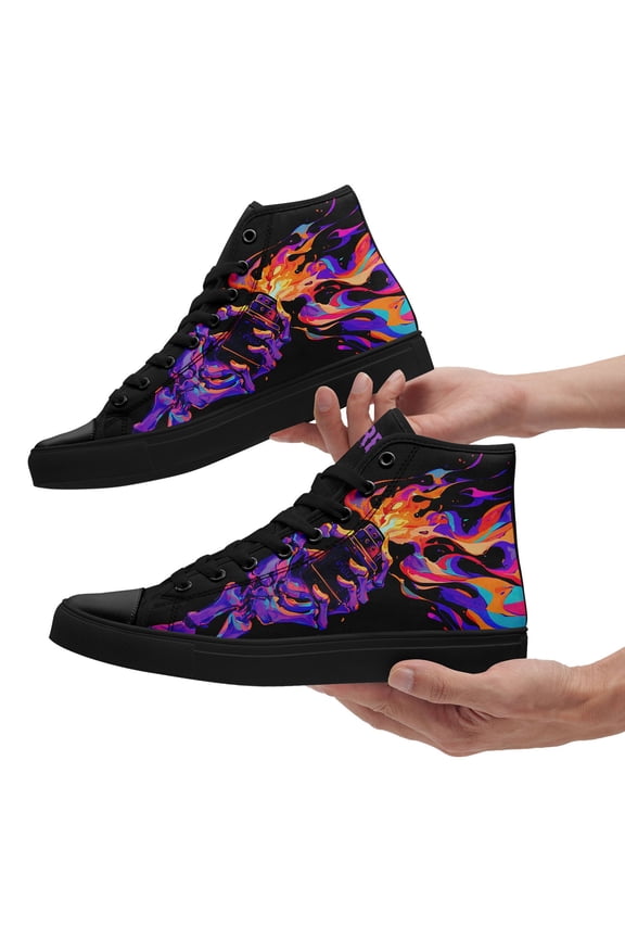 High-Top Sneakers for Women Size 11 Wide Width with Fire Flame Print, Featuring a Streetwear Purple Skull Design, Plus Size Round Toe Hi-top Casual Shoes, Fashion Personalized Sneakers