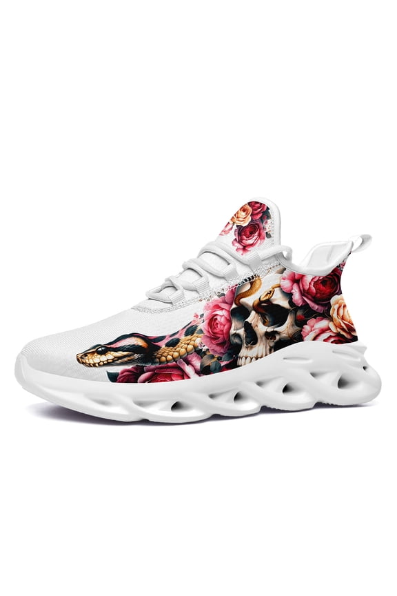 Lightweight Breathable Sneakers for Women Featuring a Gothic Gray Skull, Pink Rose and Snake Design, Casual and Versatile Style Tennis Shoes, Perfect for Walking And Gym Activities