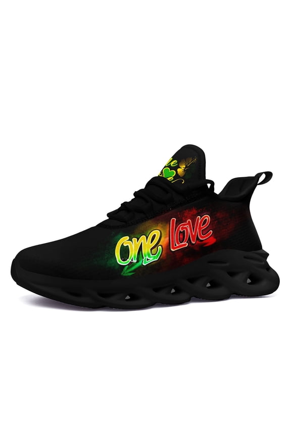 Lightweight Casual Tennis Shoes for Women Featuring a Vibrant Neon Rasta Design with The Phrase 'One Love' Print, Low Top Sneakers Suitable for Running/Walking/Outdoor Activity