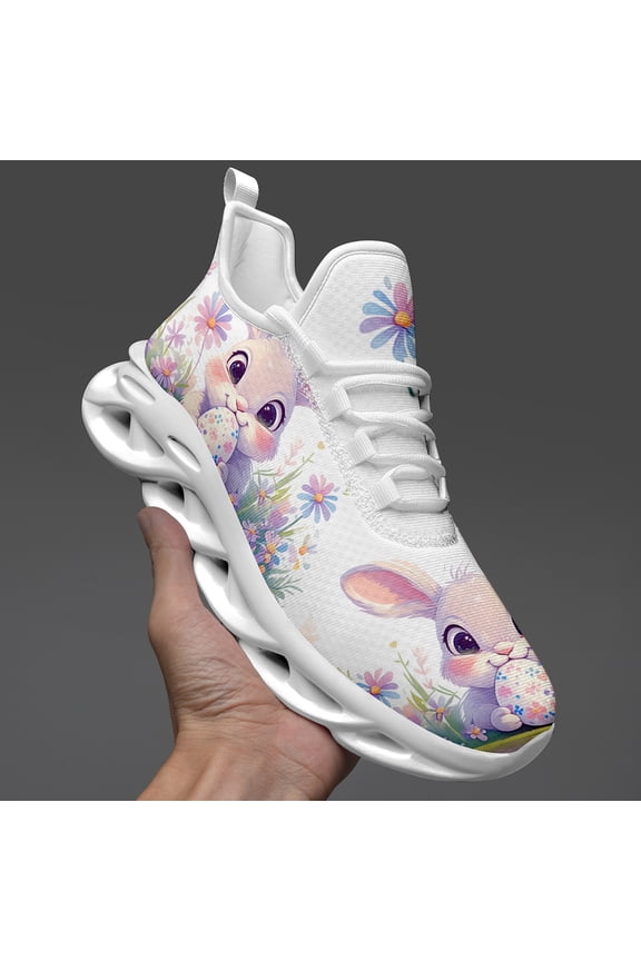 Lightweight Easter Bunny Running Shoes for Women, White/Pink, Wide Fit Walking Sneakers, Casual Footwear, Fabric Upper, Lace-up Low Top Sport Shoes for Casual and Versatile Style