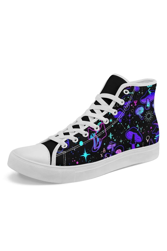 Lightweight High-Top Canvas Shoes for Women Size 8.5 Featuring a Neon Blue Purple Mushroom Design, Hi-top Casual Shoes, Wide Width Sneakers Perfect for Casual Streetwear/Outdoor Walking