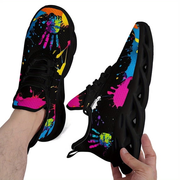 Coolcustomize Low-Top Sneakers for Women with Colorful Design, Lightweight Cushioned Sole, Round Toe Casual Trainers for Running, Travel & Streetwear, Breathable Fabric Shoes (Multicolor Splatter)