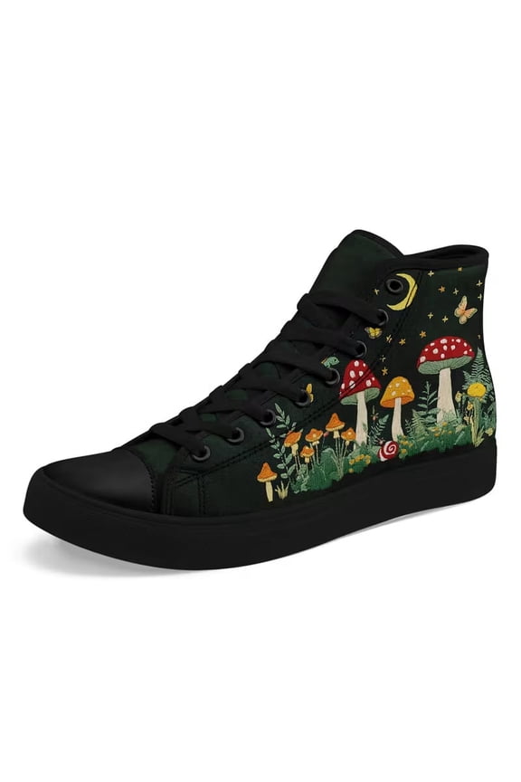 Men Women Black High-top Sneakers, Mushroom Moon & Star Skateboard Shoes Magical Forest Lace-Up Round Toe Canvas Shoes Size 6 1/2 8 1/2 10 11 1/2