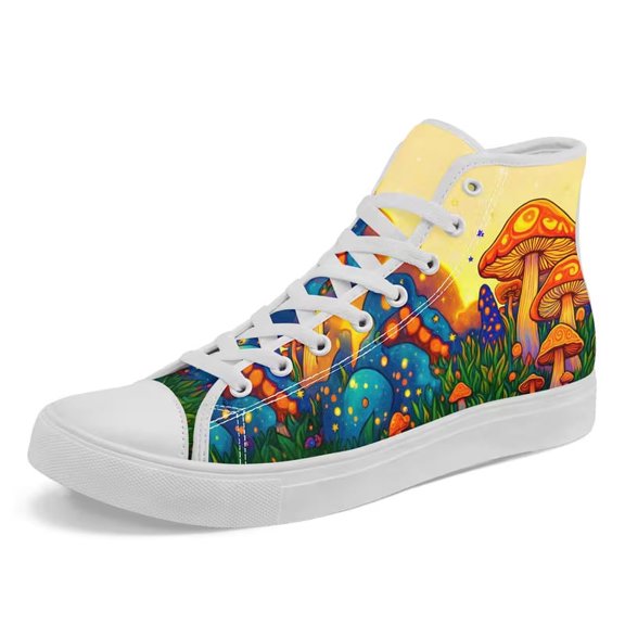 Coolcustomize Colorful High-Top Sneakers for Men Women Wide Width, Artistic Design of a Rainbow Mushroom Fantasy, Trendy Casual Street Canvas Shoes