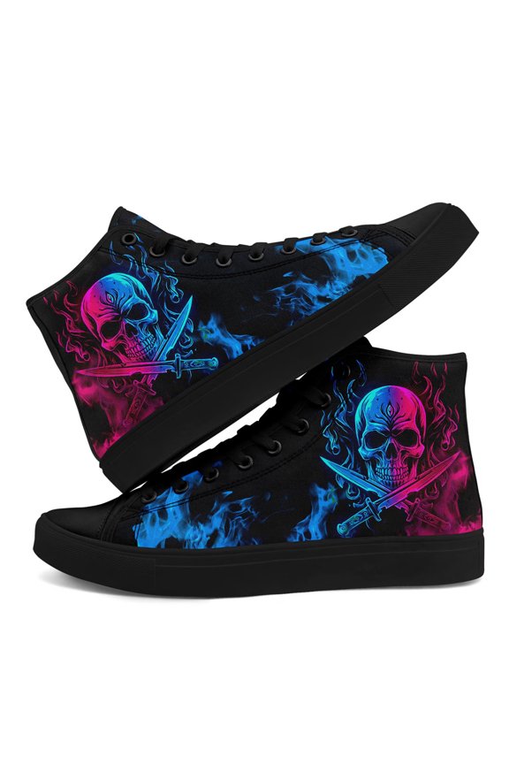 Men Women High-top Canvas Shoes, Edgy Gothic Blue Purple Flame Skull Sword Canvas Sneakers, Round Toe Lace-up Comfortable Walking Shoes