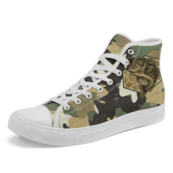 Coolcustomize Men's All-Season High-Top Camo Bass Fishing Shoes - Outdoor Sneakers with Rubber Sole, Camouflage Print, Comfortable for, Walking & Streetwear, All-Terrain Traction