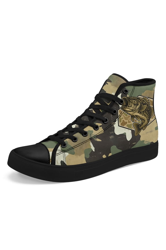 Men's All-Season High-Top Camo Bass Fishing Shoes - Outdoor Sneakers with Rubber Sole, Camouflage Print, Comfortable for, Walking & Streetwear, All-Terrain Traction