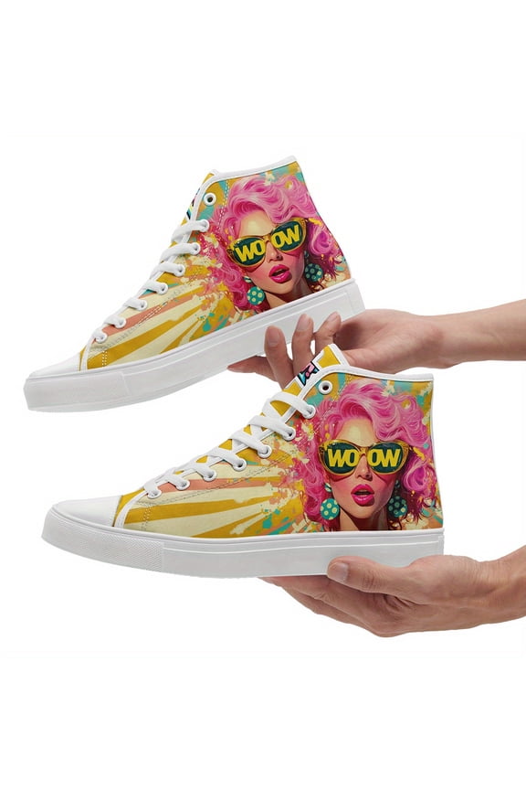 Men's Bold Pop Art High Top Sneakers - Pink-Haired Girl Print, Street Art Design Trainers, Non-Slip Rubber Sole Casual Shoes for Casual Attire, Casual Footwear | Bold Graphic Boots