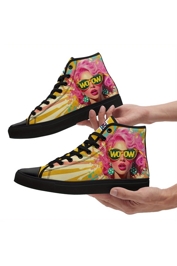 Men's Bold Pop Art High Top Sneakers - Pink-Haired Girl Print, Street Art Design Trainers, Non-Slip Rubber Sole Casual Shoes for Casual Attire, Casual Footwear | Bold Graphic Boots