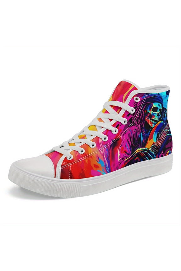 Men's Bold Skull Guitar High-Top Sneakers - Vibrant Street Art Design, Breathable Fabric Upper, Lace-Up Casual Shoes with Rubber Sole, Perfect for Urban Fashion, Casual Streetwear