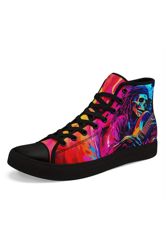 Men's Bold Skull Guitar High-Top Sneakers - Vibrant Street Art Design, Breathable Fabric Upper, Lace-Up Casual Shoes with Rubber Sole, Perfect for Urban Fashion, Casual Streetwear