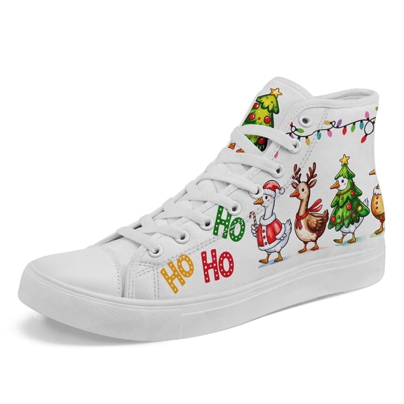 Coolcustomize Men's Christmas Duck Sneakers, Festive Holiday Shoes with HO HO Text, Lace-Up High-Top Design, Playful Design Perfect Ideal Christmas Gift for Party, Travel, Streetwear, Couples, Family
