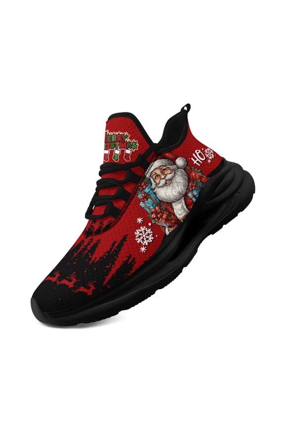 Men's Christmas Plus Size Sneakers, Red & Black Chunky Low-Top Lace-Up Trainers, Lightweight Breathable Festive Snowflake & Santa Print, Ideal for Christmas Parties Gift for Women