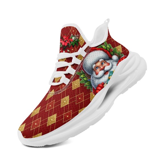 Coolcustomize Men's Christmas Sneakers - Santa Claus & Snowflake Design Low-Top Lace-Up Shoes with Red & Golden Plaid Pattern, Breathable EVA Cushioned Sole, Lightweight Durable Footwear, Casual Wear