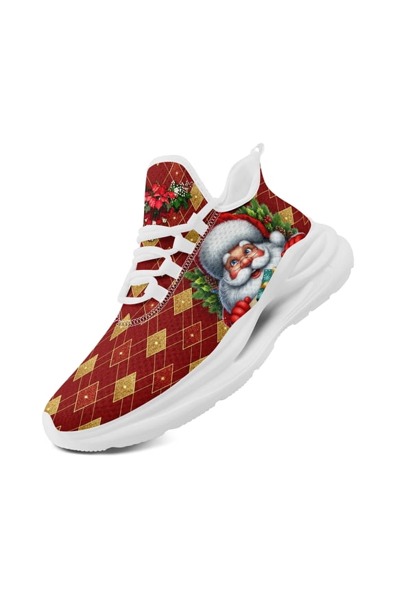 Men's Christmas Sneakers - Santa Claus & Snowflake Design Low-Top Lace-Up Shoes with Red & Golden Plaid Pattern, Breathable EVA Cushioned Sole, Lightweight Durable Footwear, Casual Wear