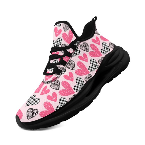 Coolcustomize Men's Comfortable Valentine Heart & Plaid Breathable Athletic Shoes | Wide Fit Lightweight Casual Sneakers with Fabric Upper, Lace Closure, and EVA Sole for Couple Daily & Casual Use