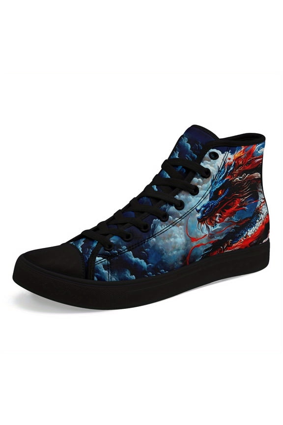 Men's Dragon Graphic High-Top Sneakers - Breathable Fabric Upper, Stylish Casual Walking Shoes for Street Style & Daily Wear, Perfect Father's Day Gift, Casual Footwear | Trendy Boots