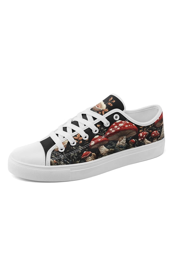 Men's Fashion Casual Black Low-Top Sneakers, Red Mushroom Print Lace Up Round Toe Casual Walking Shoes, Plus Size, Cartoon Nature Pattern Design Canvas Shoes for Casual Street Style