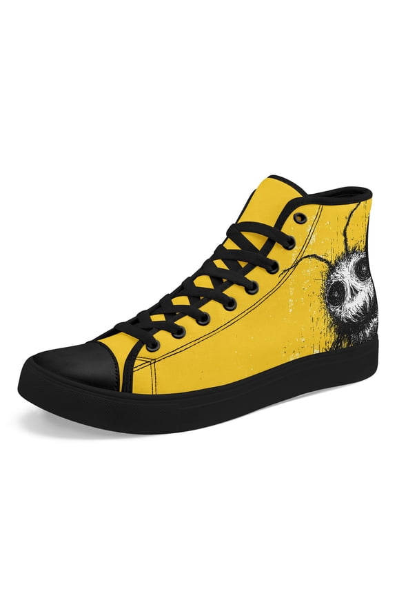 Men's Gothic Beetle & Ladybug Insect Art High-top Boots, Lightweight Lace-Up Rubber Sole Ankle Boots, Breathable Fabric Upper for Daily & Outdoor, Black/Yellow Bug Design Casual Shoes