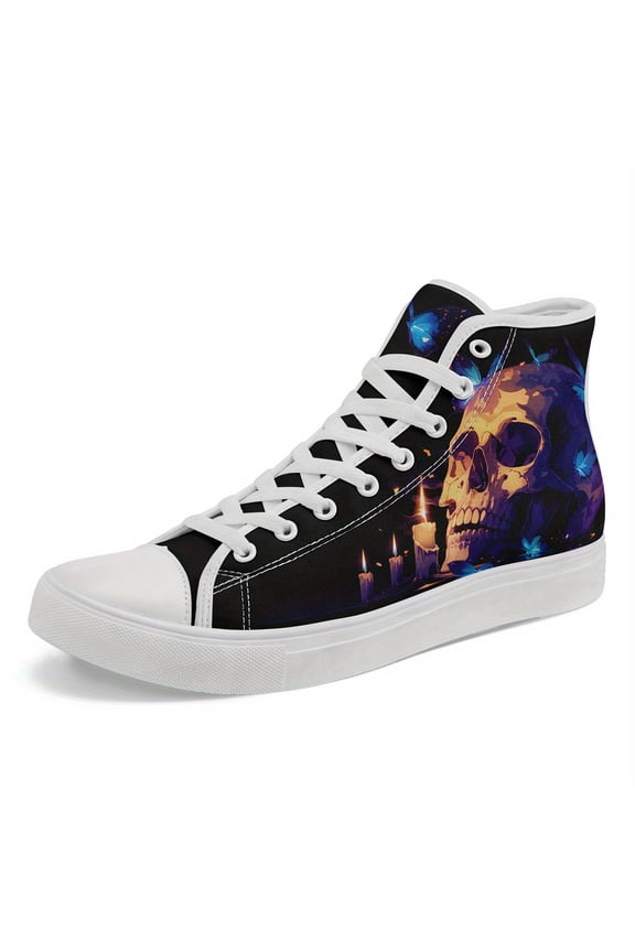 Men's Gothic Candle Skull & Butterfly Art High-Top Sneakers - Breathable Fabric & Durable Rubber Sole Boots, Stylish Comfortable Streetwear Shoes for Casual Attire, Festive Gift Idea