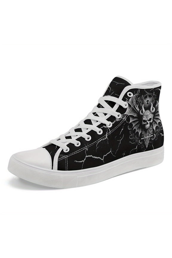 Men's Gothic Demon Skull High-top Sneakers - Black Gothic Boots with Lace-Up Closure, Edgy Streetwear for Concerts, Halloween, Everyday - Unisex Fit All-Season Casual Shoes