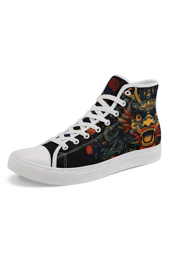 Men's Gothic Dragon Print High-Top Sneakers, Punk Rock Style Asian-Inspired Dragon & Cloud Design, Breathable Fabric Upper Shoe for Casual, Walking, Travel, Plus Size (Black/Red/Golden)